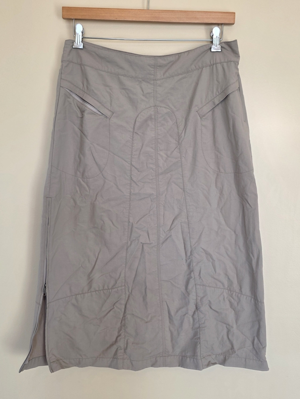 Royal Robbins Discovery Trekker Maxi Travel Skirt Tan Size 12 UPF Zip Up Sides